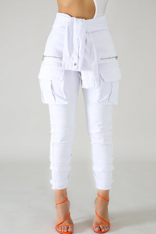 Pocket Sleeve Belt Cargo White Pants